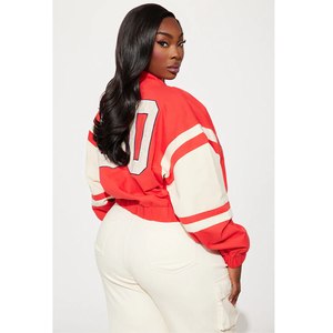 Red And <b>White</b> Varsity <b>Jacket</b> With Embroidered Logo Zipper Front Turn Down Collar Sporty Style <b>Short</b> Length Varsity <b>Jacket</b> - Product Image 3