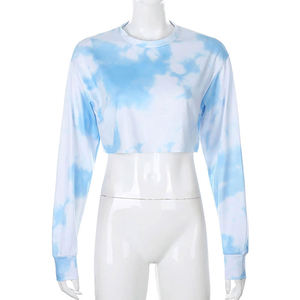 Sweat à capuche court pour femme, manches longues, imprimé abstrait, tricoté en polyester, décontracté, pour le printemps - Product Image 1