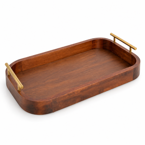 Plateau de service rectangulaire en bois artisanal avec poignées en laiton, plateau décoratif, vente en gros, OEM, ODM, en vrac - Product Image 1