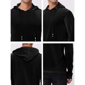 Men's Solid <b>Black</b> Velvet Hooded Sweatshirt <b>Slim</b> Fit Casual Pocket Long Sleeve Autumn Style - Product Image 2