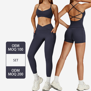 Ladies Gym Women Comfortable Two Pieces Running V-cut Shorts/flare Yoga Pants <b>Halter</b> Crossed Shoulder Straps <b>Backless</b> <b>Bra</b> Set - Product Image 2