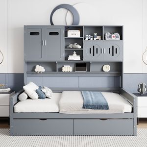 Divano letto matrimoniale in legno con 2 cassetti, armadio e scaffale grigi tutto in uno - Product Image 2