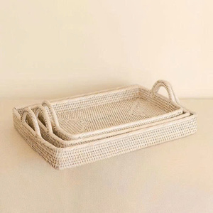Wholesale High Quality Handcrafted Natural Rattan Rectangular Tray Set Woven Serving Tray with Handles Suitable For Coffee Table - Product Image 6