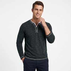 <b>Men's</b> Long Sleeve Polyester Henley T-<b>Shirt</b> V-Neck Contrast Trim Front Casual Knitted Solid Color Regular Fit Button-Up <b>Stretch</b> - Product Image 3