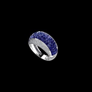 Bague dôme en or blanc avec saphir <span class=keywords><strong>bleu</strong></span> taille princesse et diamant, bijou de luxe imposant pour femme, bijou de cocktail lourd - Product Image 3