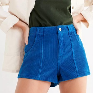Shorts en velours côtelé bleu uni taille haute pour homme, style décontracté, tissu tissé, longueur courte, fermeture boutonnée - Product Image 1
