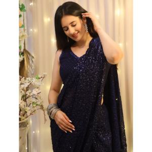 Séduisant Blush Blue Sequins Georgette Designer Saree Avec Chemisier - Product Image 4