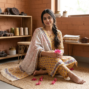 Traje Punjabi Amarillo Sol para Mujer |   Conjunto de Kurti y Pijama de Algodón con Estampado Floral Blanco y Borde |   Conjunto de Vestido Indio Profesional - Product Image 6