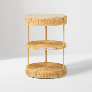 <b>Round</b> Rattan Double Shelf Handmade Wicker End <b>Table</b> Natural Cane Shelf <b>Small</b> Accent <b>Table</b> for Living Room Bedroom Balcony - Product Image 1