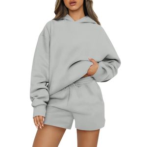 Ensemble sweat à capuche oversize et short en molleton de coton de couleur unie pour femme – Tenue assortie respirante style tricoté pour l'automne - Product Image 2