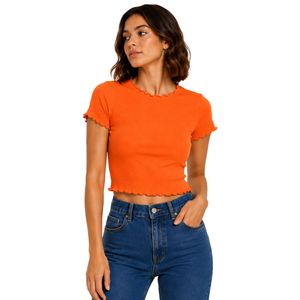 Top Corto Acanalado Naranja para Mujer, Manga Corta, Cuello Redondo con Volantes, Algodón y Spandex, Ajuste Delgado, Camiseta Casual de Verano, OEM Personalizado - Product Image 1