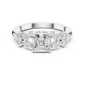 Bague de fiançailles de luxe en diamant taille Asscher avec pierres latérales florales, or 14K 18K, bijoux personnalisés pour femme - Product Image 3