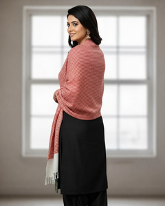 <b>Pink</b> Striped Winter Wool Fouta Shawl <b>Wrap</b> Kimono Style Scarf with Tassel Trim Breathable for Beach and Daily Wear - Product Image 3