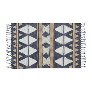 Alfombra de Lana Tejida a Mano Azul Marino con Patrón de Triángulos Crema y Diamantes Marrones y Flecos para Sala de Estar - Product Image 5