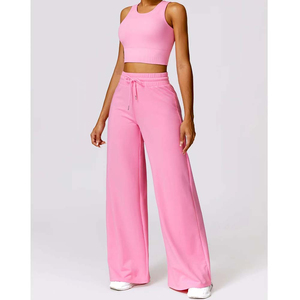 Pantalon évasé décontracté pour femme 2026, style vintage, couleur unie, avec cordon de serrage, taille haute, jambe large, service OEM ODM, prix abordable - Product Image 1