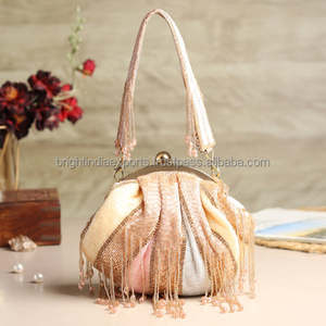 Handcrafted Soft <b>Beaded</b> Round Fabric Evening Clutch Bag with Tassel Fringe Shoulder Strap Polyester Lined Party <b>Purse</b> - Product Image 1