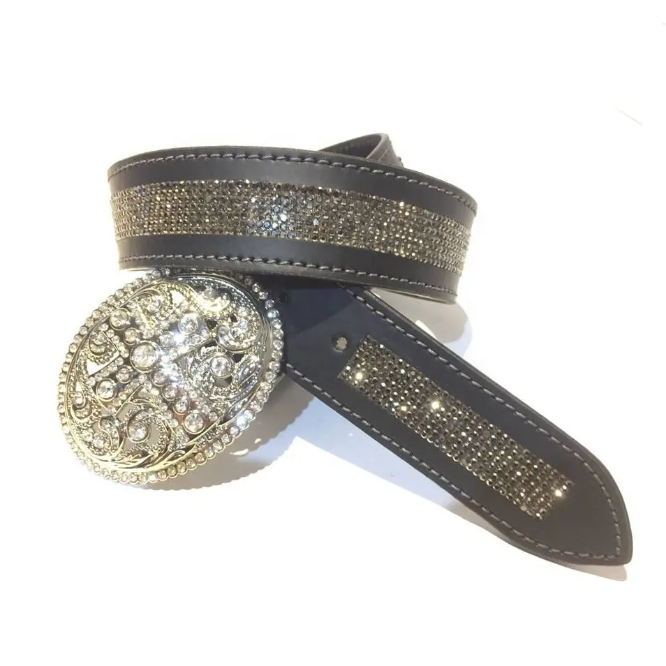 Leather crystal belt with crystal buckle ladies leather belt