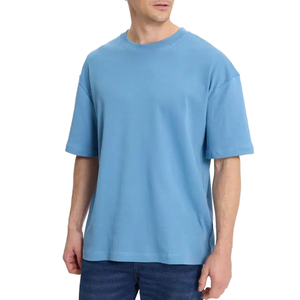 Camiseta de algodón de manga corta con cuello redondo, estilo casual, color liso, azul claro, para hombre. - Product Image 1