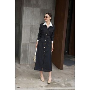 Robe midi trapèze à col contrastant et ceinture, manches longues, boutonnée sur le devant, découpes, style décontracté et professionnel pour femme [V9039] - Product Image 4