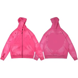 Sudaderas con Capucha Deportivas Casuales para Hombre y Mujer, Diseño Desgastado con Cremallera Rosa, Alta Calidad, Venta al Por Mayor - Product Image 4