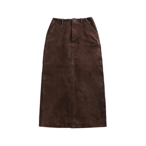 Jupe midi vintage en cuir suédé véritable taille haute pour femme, marron uni, avec fente et ceinture, respirante et écologique, collection automne - Product Image 6