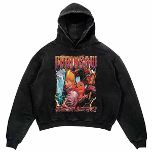 Custom Oversized Anime Graphic Pullover Hoodie Unisex Acid <b>Wash</b> 100% Cotton Fleece Fabric Streetwear Casual Pullover Sweatshirt - Product Image 3