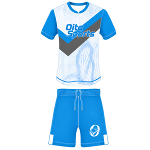Ensemble uniforme de rugby bleu clair, blanc et gris à manches courtes, maillot de rugby à col rond avec motif, short à cordon de serrage, performance athlétique pour équipe - Product Image 1
