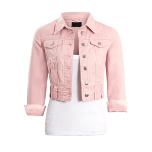 Women's Pink <b>Cropped</b> <b>Denim</b> <b>Jacket</b> Belted Waist Button Front Long Sleeve Slim Fit Casual Fashion Outerwear Waterproof Breathable - Product Image 3
