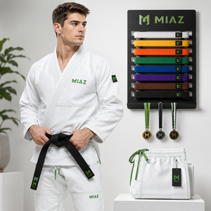 MIAZ Taekwondo Gi Unisex White Cotton Regular Fit with Black Belt <b>Rack</b> Set Custom Printing Breathable Lightweight Durable - Product Image 5