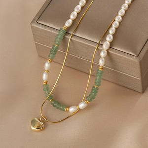 Collier double couche pour femme, perle d'eau douce naturelle, pendentif en forme de cœur, design de style chinois, collier de clavicule tendance, superposé - Product Image 1