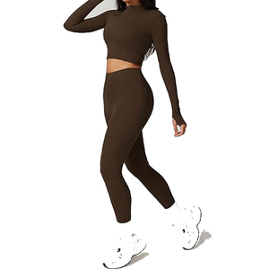 <b>Women</b> 2 Piece Yoga Set Turtleneck Crop Top High Waisted Leggings Full Length Seamless Spandex Polyester Activewear Solid Color - Product Image 1
