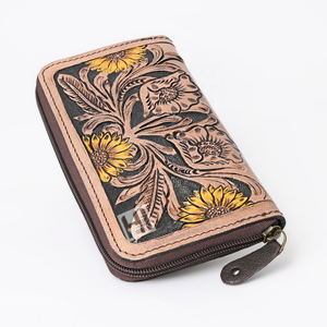 Venta caliente personalizable cuero de vaca plegable billetera Floral cierre de cremallera Vintage borla RFID monederos múltiples ranuras largas - Product Image 4