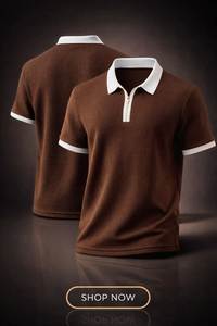 Men Eco-friendly Polyester Waffle <b>Polo</b> Shirt <b>Zip</b> <b>up</b> Short Sleeve Collar Contrast Trim Casual Summer Top 220g - Product Image 1