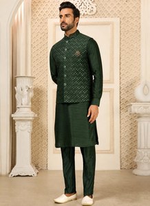 Mens Roman Silk Kurta <b>Pant</b> Ensemble With <b>Sequin</b> Embroidered Waistcoat Jacket For Wedding Festive And Traditional Occasions - Product Image 3