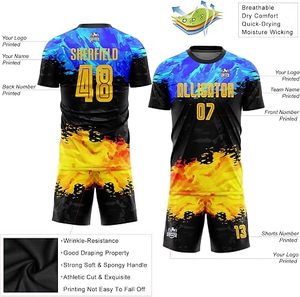 Camiseta de Fútbol Sublimada Personalizada Unisex de Manga Corta con Cuello Redondo en Degradado Azul, Negro y Amarillo, Uniforme de Equipo - Product Image 2
