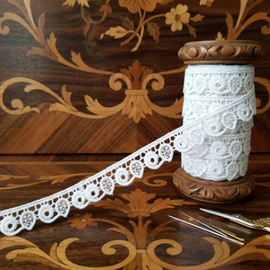 Wholesale Factory Premium White Polyester Scalloped <b>Lace</b> Trim - Geometric Medallion Crochet-Style Border for Saree, Dresses - Product Image 1