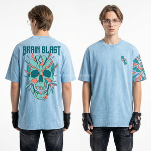 T-shirt bleu ciel épais avec motif géométrique crâne Brain Blast – Streetwear homme – Service de fabrication sur mesure pour fournisseurs - Product Image 1