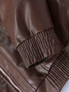 Fashion Long Sleeve Hooded Loose Fit PU Leather Canvas Varsity Biker <b>Pilot</b> <b>Jacket</b> Men Eco-Friendly Waterproof Plaid Letter Front - Product Image 4