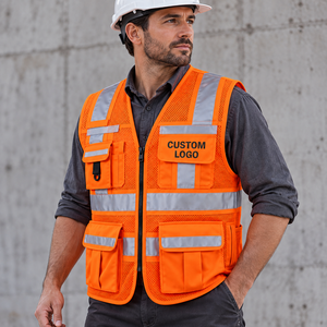 Gilet de sécurité haute visibilité pour hommes, orange, réfléchissant, en maille, vêtements de travail, logo personnalisé, poches, service OEM - Product Image 1