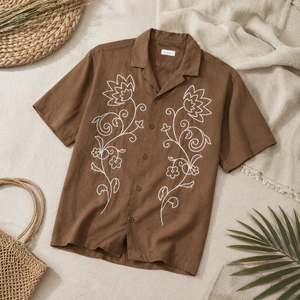 Luxury Men's Brown Floral Embroidered Cotton <b>Shirt</b> <b>Half</b> Sleeve Casual Resort Wear <b>Shirt</b> for Men - Product Image 3