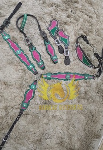 Handmade Custom Durable Pink Green Accent Genuine Leather Western Saddle Nickel-Plated <b>Hardware</b> Lightweight Seasonal Includes - Product Image 4