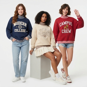 Sweat-shirt oversize pour femme à imprimé lettres, col montant, coupe ample, pull décontracté avec col, manches et ourlet à carreaux, mode automne - Product Image 6