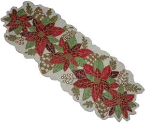 Hand Beaded <b>Table</b> Runner: <b>White</b> Glass Beads, Holiday Centerpiece Elegant Poinsettia - Product Image 6
