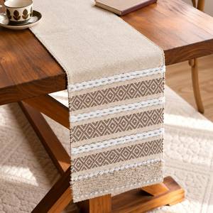 Chemin de table bohème tissé à rayures avec bord tressé beige et blanc, décoration d'intérieur pour salle à manger, cuisine, mariage - Product Image 4