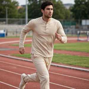 <b>Men's</b> Beige <b>Henley</b> Stand Collar Long Sleeve <b>Shirt</b> And Drawstring Pants Casual Tracksuit Set - Product Image 2