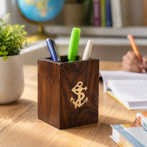 Handmade Indian Rosewood Pen Holder | Brass Anchor Inlay Wooden <b>Desk</b> Organizer | Luxury Office Table Pen Stand Gift Decor - Product Image 3