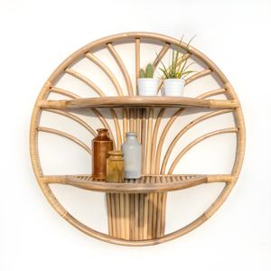 Estante de pared vintage Sunrise Rattan, estante flotante circular de bambú de 2 niveles, organizador decorativo para macetas de sala de estar. - Product Image 1