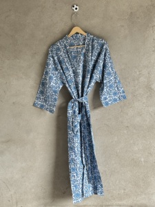 Hand Block Printed Floral V-neck Cotton <b>Kimono</b> Women Full Length Belted Robe Spring Summer <b>Beach</b> Cover Casual Resort Wear - Product Image 5