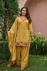 Yellow Cotton Embroidered <b>Kurti</b> with Salwar and Dupatta Set <b>for</b> <b>Women</b> Casual Traditional Wear All Seasons Loose Fit - Product Image 3