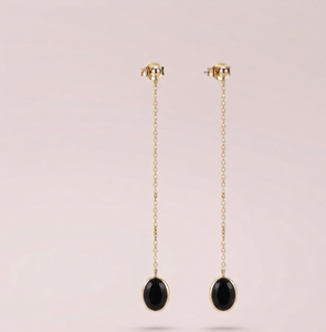 Boucles d'oreilles pendantes en argent tibétain plaqué or 18 carats avec onyx noir, serti clos, tendance, pour mariage, fête, cadeau - Product Image 1